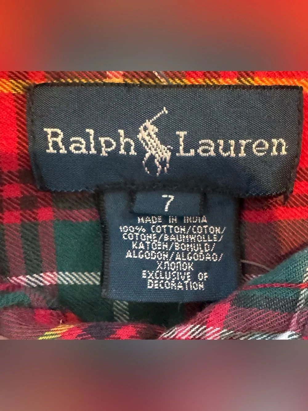 Ralph Lauren Shirt Sz 7 Boys Red Green White Plaid Button-Down Long-Sleeve